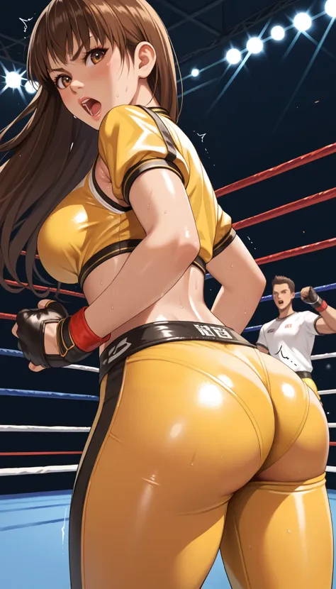 LeiFangDOA, brown hair, (long brown straight hair:1.5), shiny crop top, shiny yellow leggings, hip hang:1.5, groin:1.4, short sleeves, fingerless gloves, breasts, looking back, armpits, gasp, be breathless, sweat, sparkling sweat, trembling, brown eyes, br...