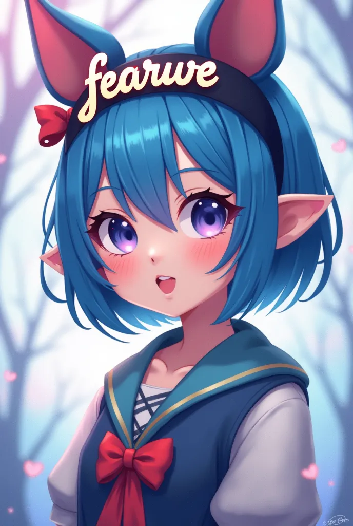 Make this female character copying blue hair with big eyes and ears, she wears a headband written "Fearwe" Write to the letter, without translating.