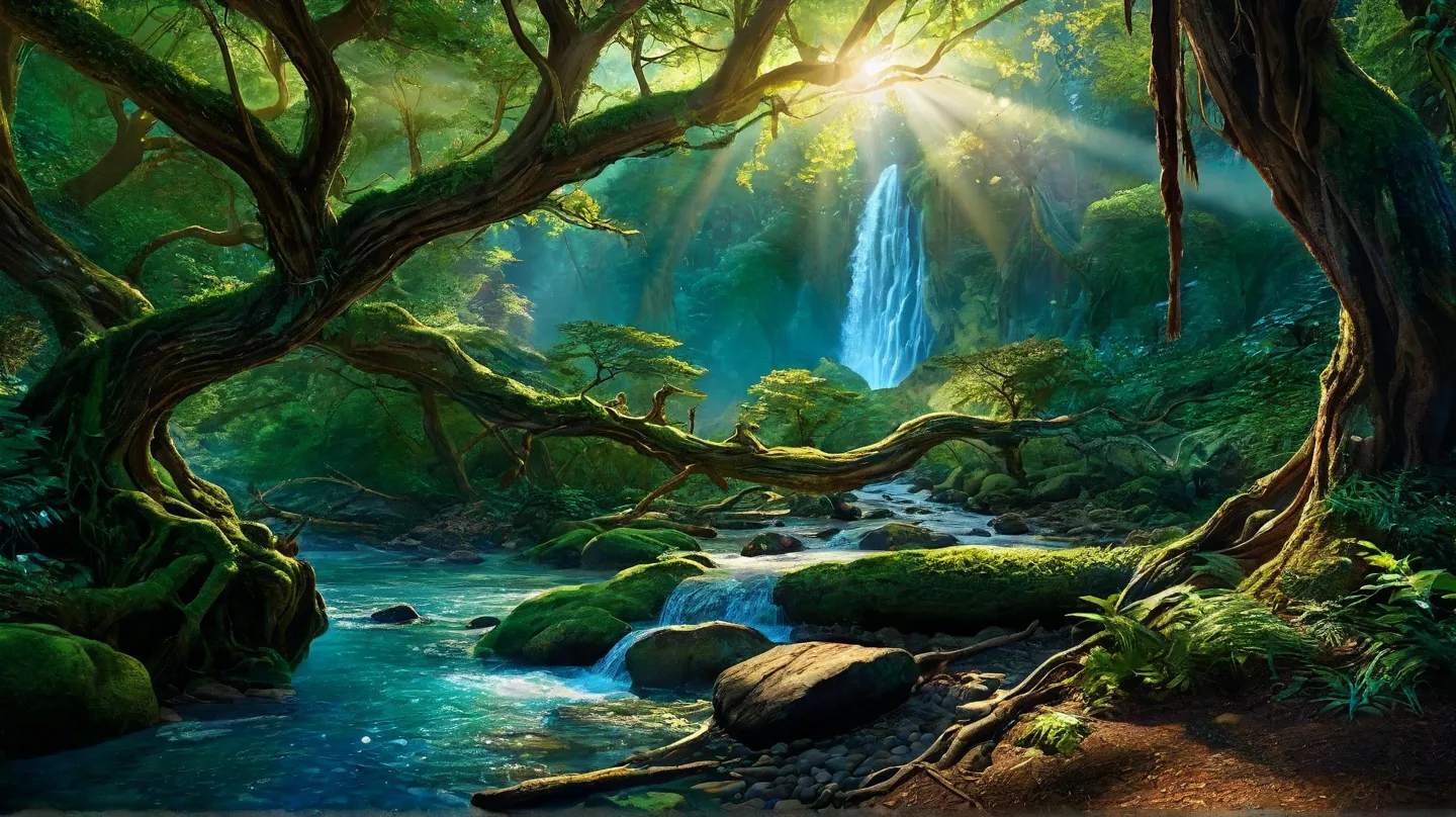 enchanted forest at dusk, ethereal light filtering through ancient, soaring trees, lush and vividly detailed brushwood, mystical creatures lurking in the shadows, Fairies that are intertwined between the foliage, A crystalline stream with water so pure tha...