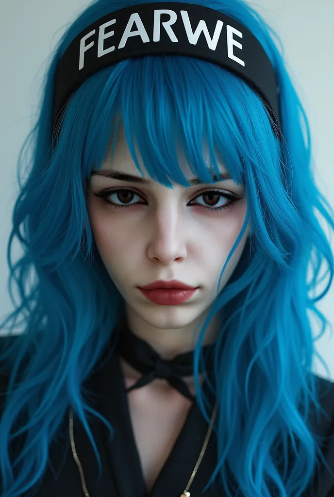 Make this female character copying blue hair with big eyes and ears, she wears a headband written "Fearwe" Write to the letter, without translating. The character is ultra realistic