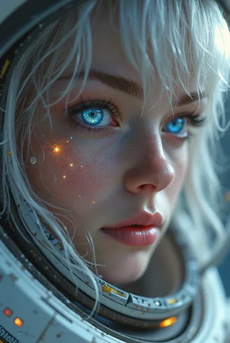 (Close-up of a masterpiece:1.5)0.9]，(Space and astronauts:1.2) (Messy silver hair:1.1) (Heterochromia yellow blue eyes:1.2) (Casque spatial:1.0) (Colorful stars in the eyes:1.0) (Dazzling light:1.1) (Thick lip:0.9)