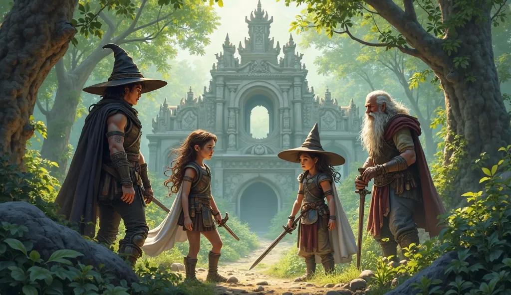  fantasy、A young male warrior, a witch in a triangular hat, a young female warrior, and a wizard of yesteryear are surprised to find old ruins during an adventure deep in the forest。count４people