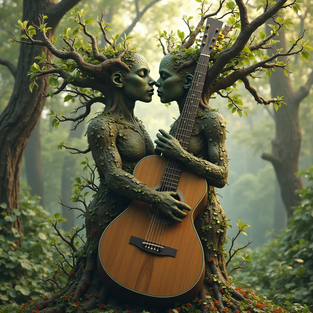 A guitar having sex with a tree