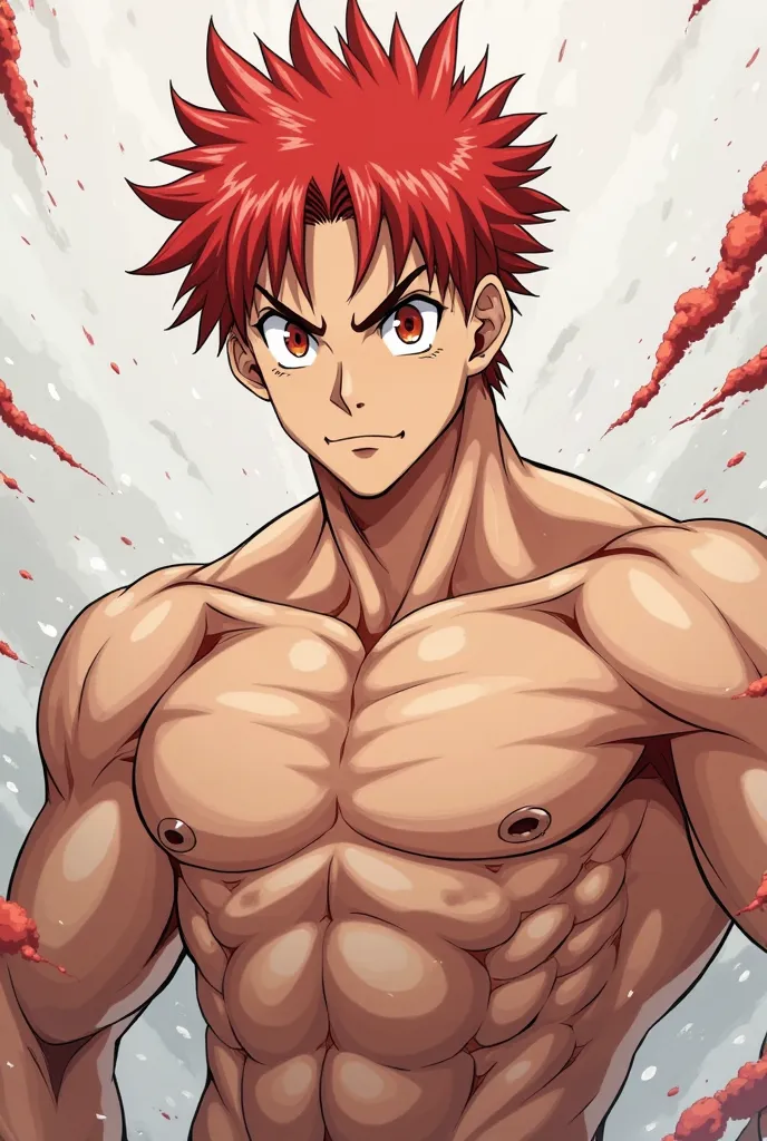 Anime shounen picture of a white man with red hair, a muscular body, a big round face and sharp big eye(without eyebrows)