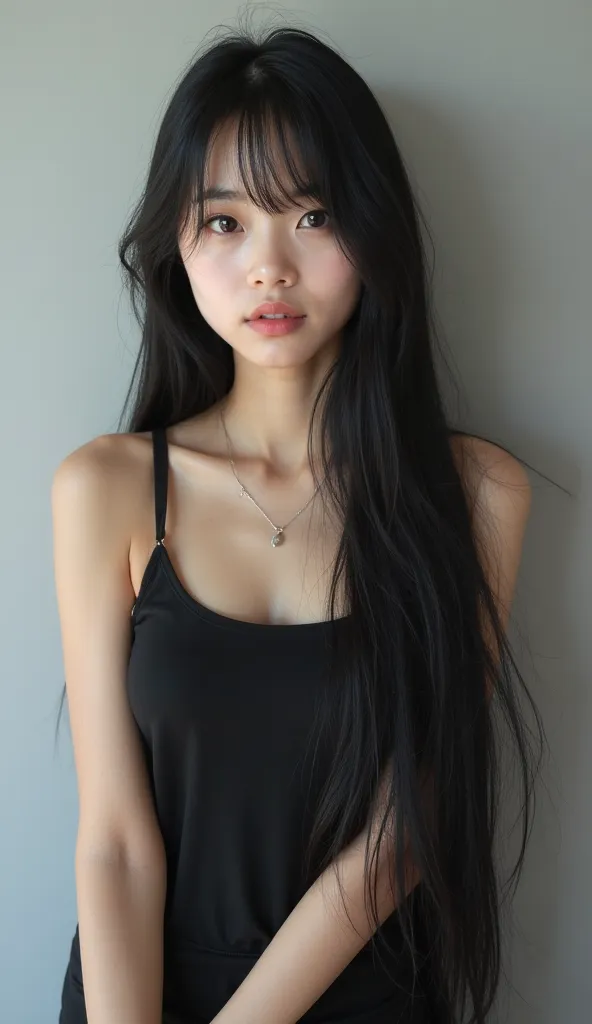 Prompt:
“A hyper-realistic portrait of a young Japanese woman with extremely long, straight, jet-black hair flowing down past her waist. She has a soft, delicate expression with fair skin, slightly parted lips, and deep, expressive eyes.

She is wearing a ...