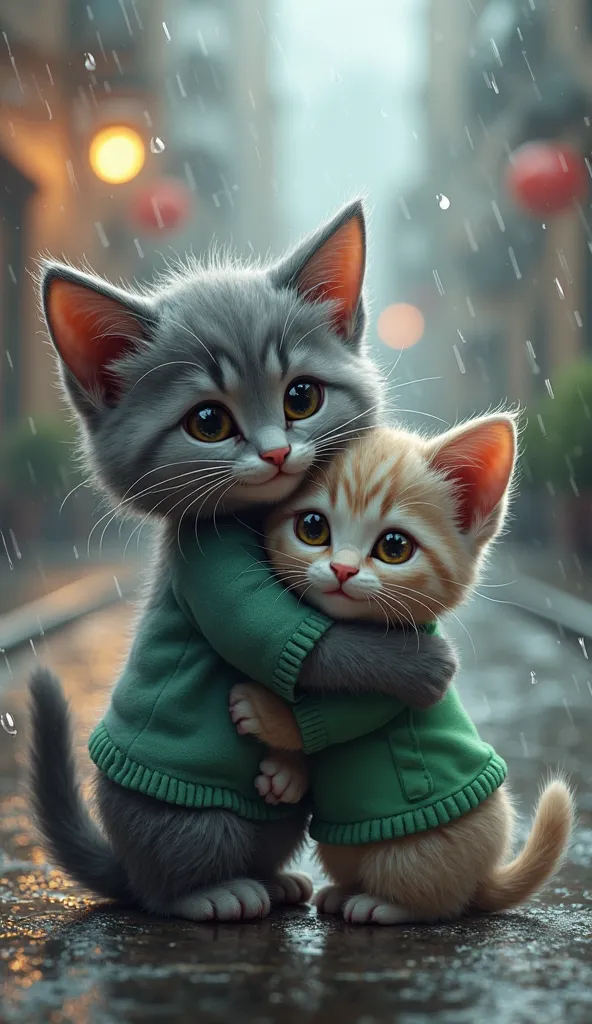 "A pair of gray kittens on a rainy street. The larger cat, with big, expressive eyes, is cuddling a smaller kitten wearing a green shirt. Both are a little wet, with raindrops on their fur. The scene is illuminated by soft light, creating a cozy and affect...