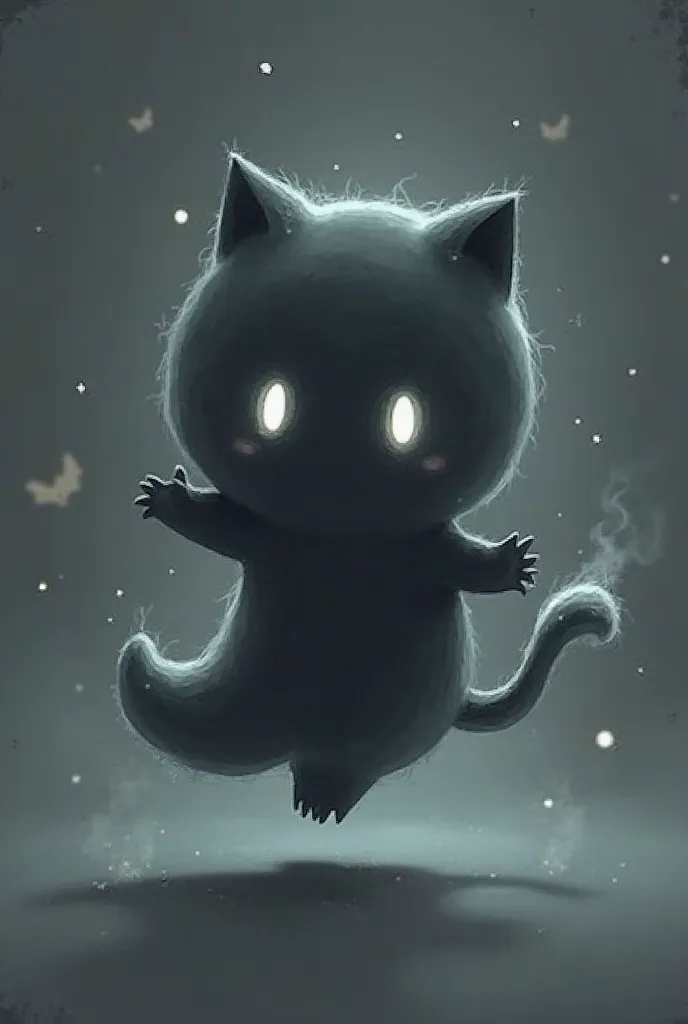 Generate a cute, shadowy figure with a soft, round body that is humanoid in shape but with an ethereal, ghostly appearance. The figure should have a small, round head with big, glowing eyes. Its body should be smooth and simple, with wisps of smoke or ligh...