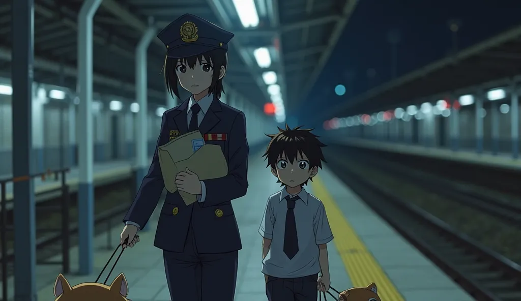 A young Japanese police officer, wearing her police uniform, stands next to a  boy, at a deserted train station at night. Misaki holds an envelope containing important documents, her eyes filled with vigilance as she looks ahead. Ryota appears frightened b...