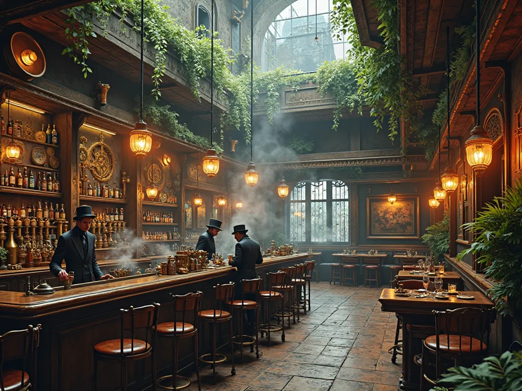 with many tables, bar in steampunk style, large wooden bar with many green details, no windows, wooden floor, couple of pictures, impressionism fantasy art