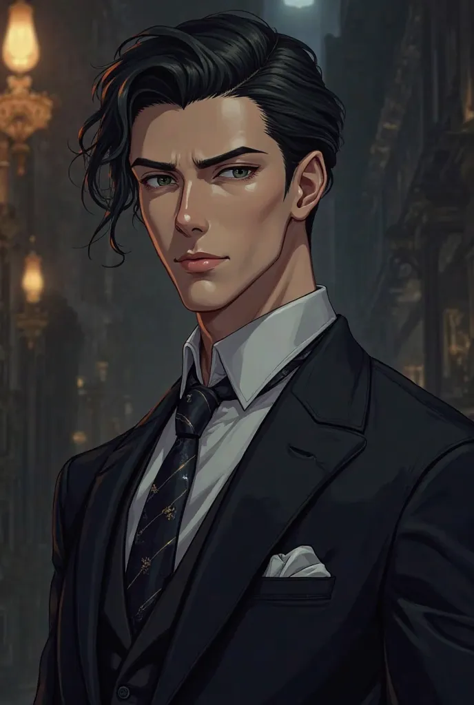 Handsome anime character in black suit 