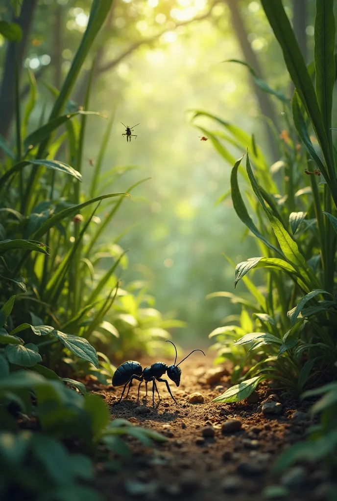 
"A small black ant in a green jungle, searching for food. The jungle is filled with tall grass, fallen leaves, and small insects moving around. The ant looks determined and focused."