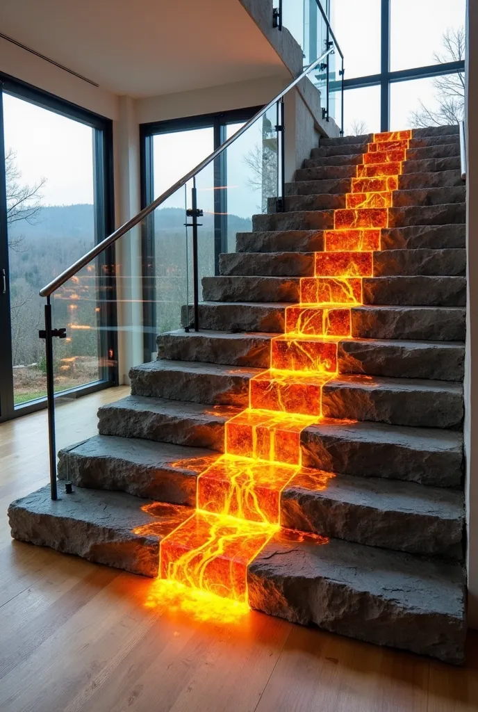 Modern, minimalist staircase with glowing lava-like resin.  Interior design, featuring a dramatic staircase with a resin flow design that appears to be molten lava, cascading down the steps.  The steps are constructed from dark gray, rough-hewn stone, givi...