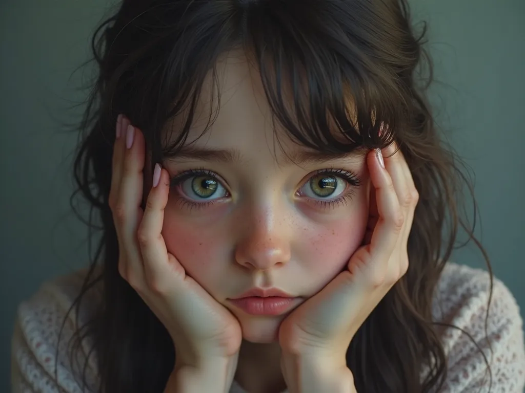 Girl 30 years old,  holds on to his head, sad, realistic portrait, detailed, difficult emotions, dark mood, pastel colors, soft lighting, pretty face, dull expression, artwork, high quality,  8k resolution,  details, photorealistic