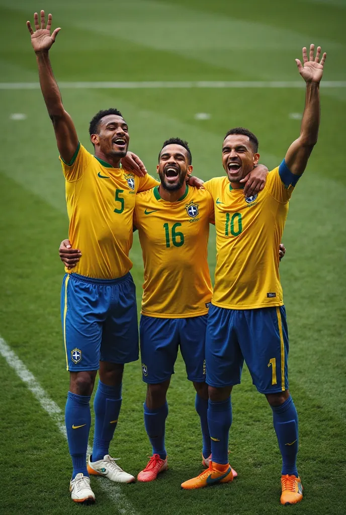 Bottom-up photo. It depicts 3 footballers of Brazilian appearance, they have their hands up - they are happy to win. Brazilian players' uniforms. 