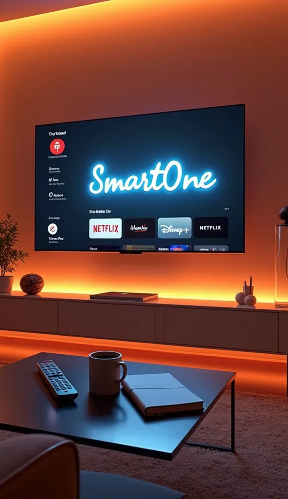 Create a visually stunning image of a sleek, modern living room showcasing an IPTV setup. The scene should feature a large 4K smart TV mounted on a minimalist wall unit, surrounded by ambient lighting in orange hues. A stylish remote control rests on a gla...