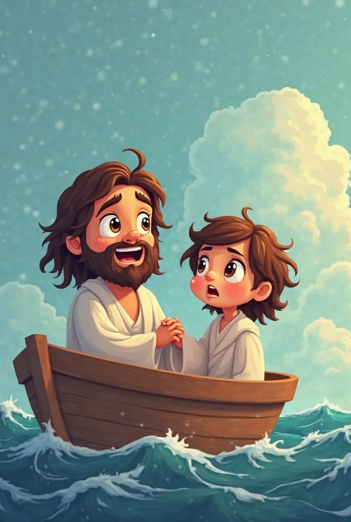 Cute and Stylized Cartoon:
"A cute cartoon illustration shows Jesus and a  on a boat in the middle of a storm. The  has big expressive eyes and messy hair, showing fear , while Jesus, with a calm and welcoming look, hold your hand.  the sea is rough , but ...