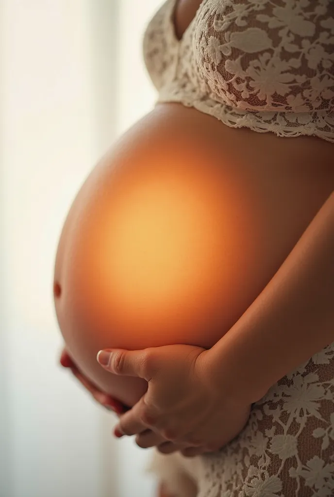 image on a white background of a pregnant woman's belly in front with a bright light still on the belly and a white lace top.