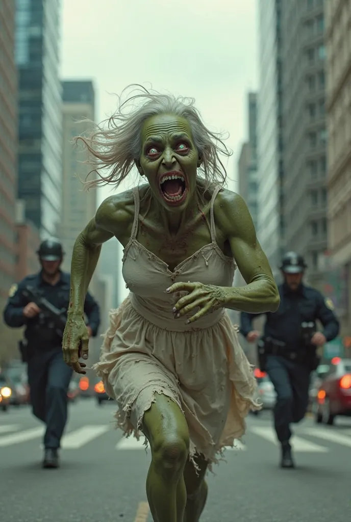 A scary zombie old woman is running through the busy streets of a modern city.  His hair is messy, his skin is green and his eyes are terrifyingly bright.  She wears a tattered, dirty white dress, which adds to her menacing presence.  Several police office...