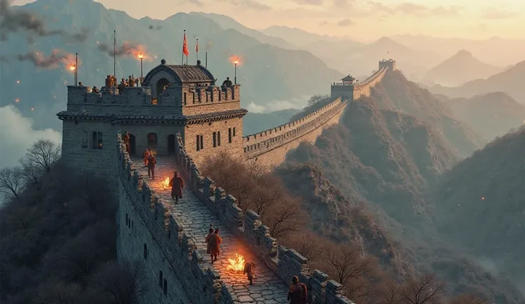 A bird’s-eye view of the Great Wall during the Ming Dynasty, with massive watchtowers, signal fires, and soldiers guarding the frontier."