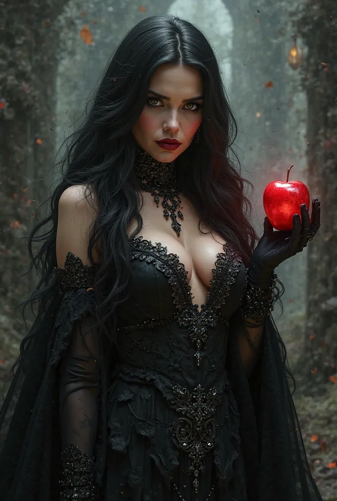 Girl,Black long hair，Black Queen，accessories，Apple in hand，Poison apples，Witch Queen，Red lipstick