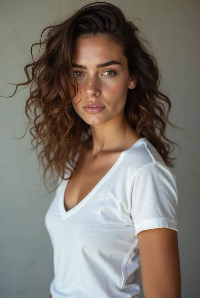 Greek woman in her late 20s. Beautiful and intriguing with brown curly hair and dark brown eyes. Slim athletic figure. Wears a white t shirt and jeans. Innocent but wild 