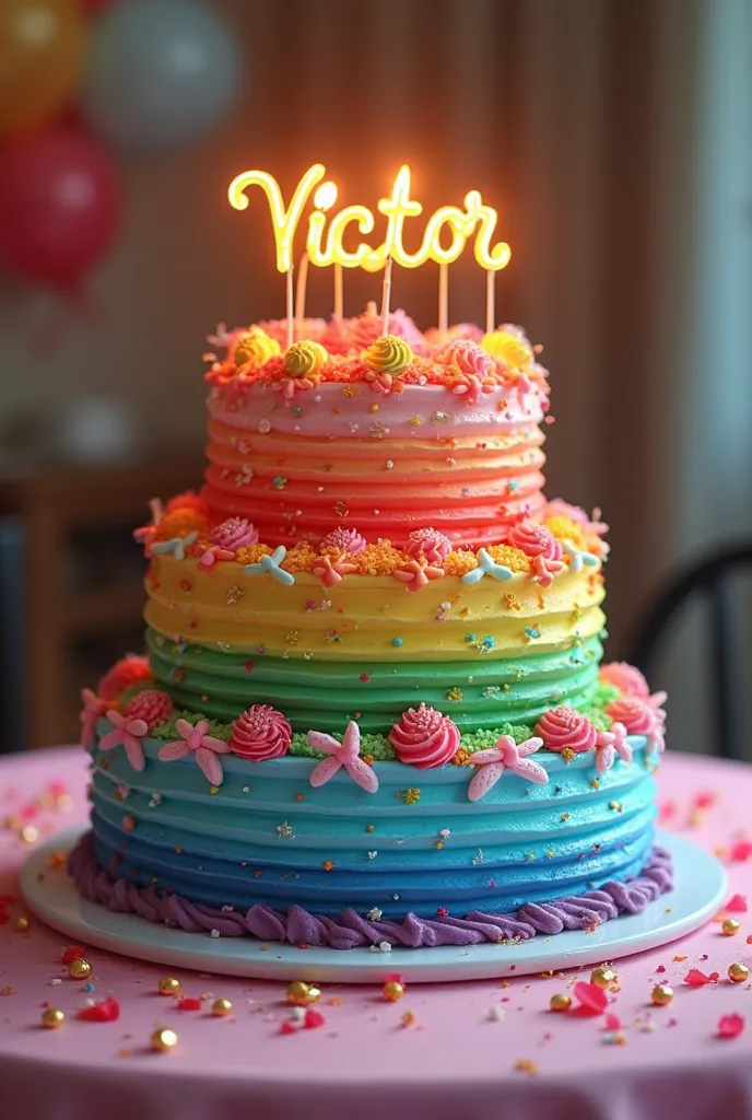 Simple birthday cake with the colors of the rainbow, with the name Victor and with birthday candles with the number 24