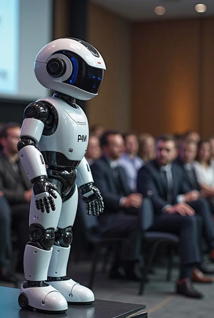 Un petit robot avec un logo P4M vêtu d'un costume noir et blanc donne une conférence dans le domaine du marketing