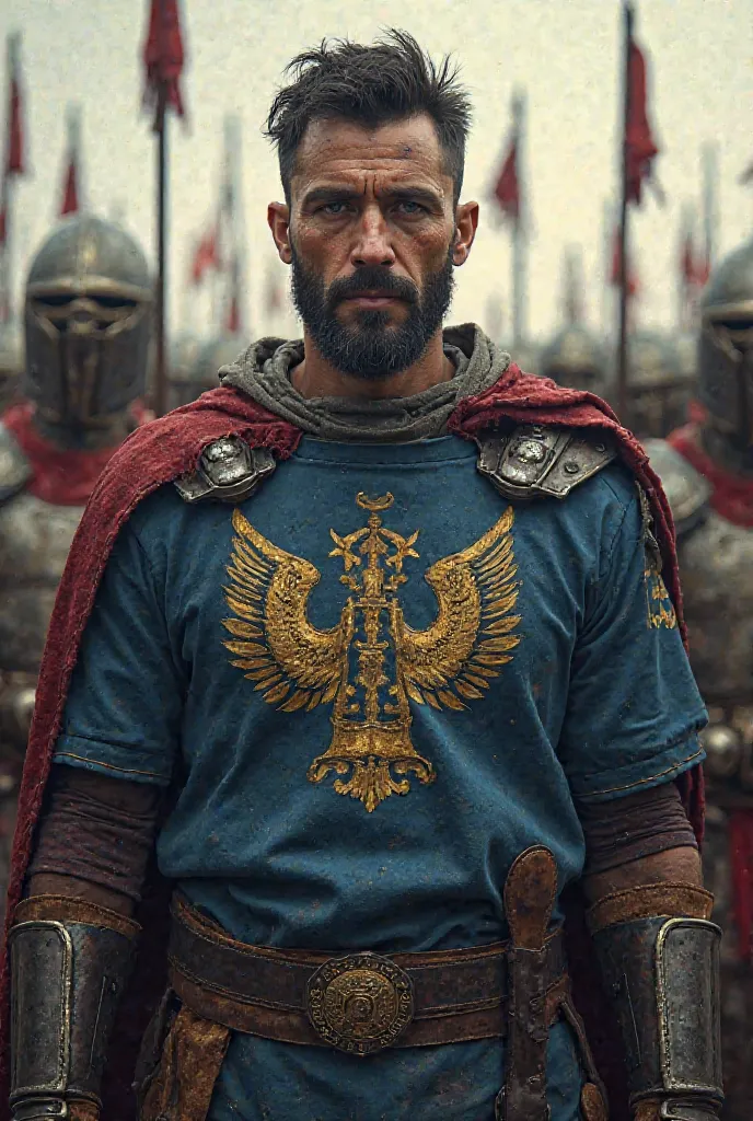 Legionary soldier of 25 years old Spanish phalanx blue shirt with CERNOBOG written in ARIAL STYLE AND THE DRAWING OF THE HAS AND THE 5 ARROWS OF THE PHALANGE