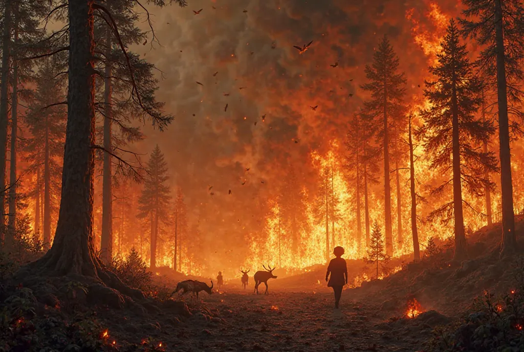 "A realistic image of a burning forest, with tall burning trees, thick smoke rising to the sky, the ground covered with ash and burnt leaves. Fire advances rapidly through vegetation, creating a sense of despair and destruction.  The sky is tinged with ora...