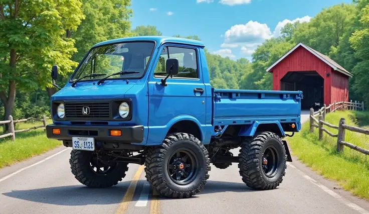 
A highly detailed, realistic image of a blue Honda Acty SDX 4WD mini truck parked on a scenic countryside road. The truck is lifted with large off-road tires and custom alloy wheels. It has a boxy cab design with a clear windshield and side mirrors. The c...