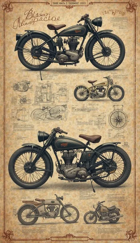 Create an attractive graphic with a historical background that prominently displays the title 'How was the motorcycle invented and by whom?' along with vintage sketches and blueprints."