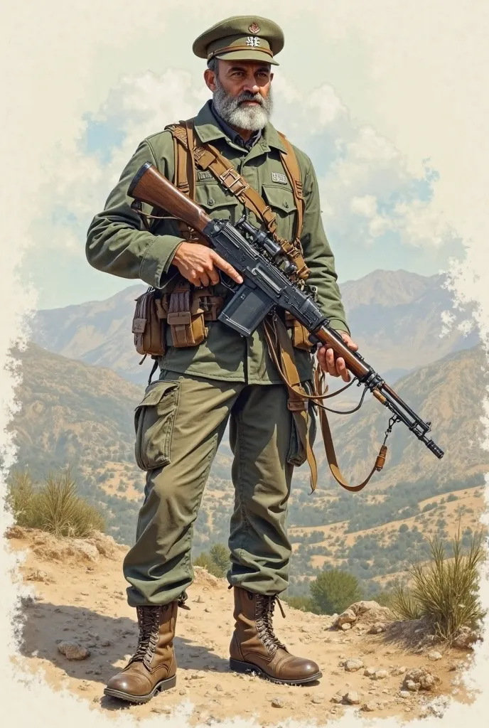 "is a drawing of an Algerian mujahid in the fifties of the last century, in a standing position wearing the Nazi German sailor hat and holding a Walter p38 gun . The background can be mountains or a rural area that reflects the nature of Algeria during tha...