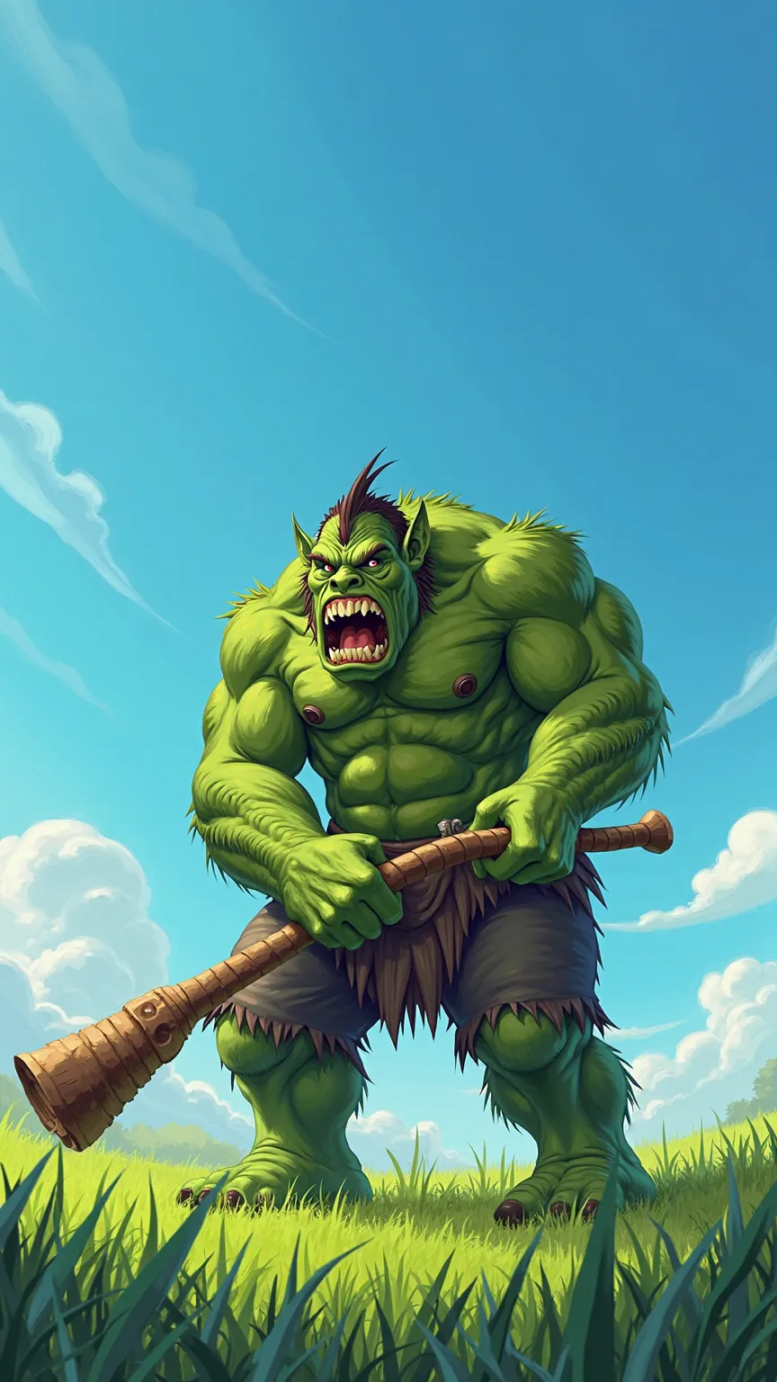 Anime style, the green orc is an adult, holds a wooden baton, looks away half-sideways and very surprised and very frightened. A clear day against the background of a green meadow. 