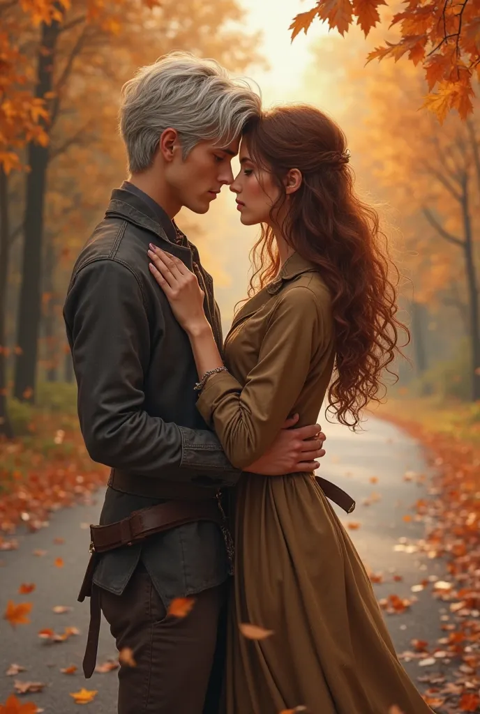 Olive skin,silver hair  young man with a fair skinned young woman with chestnut colored hair to her mid back in fall clothing in an autumn road