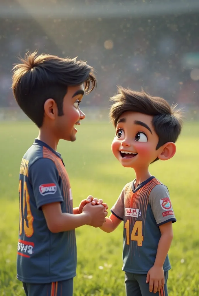 A Boy named meet wearing jersey number 14 shaking hand with kl rahul