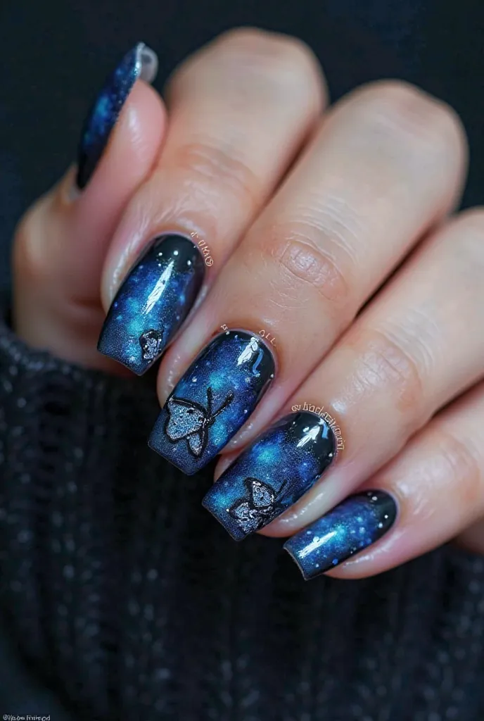 Black and blue nail ideas with butterfly design