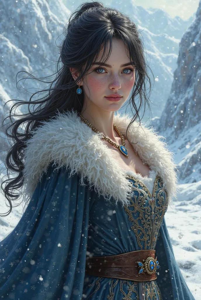 Young woman with black hair and blue eyes wearing medieval cold weather dresses