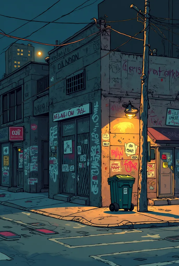 Illustration with few colors of Bronx-style street interception, with garbage container, at night, with lamp post and signs attached to the walls, Calicatura style of the 90's
