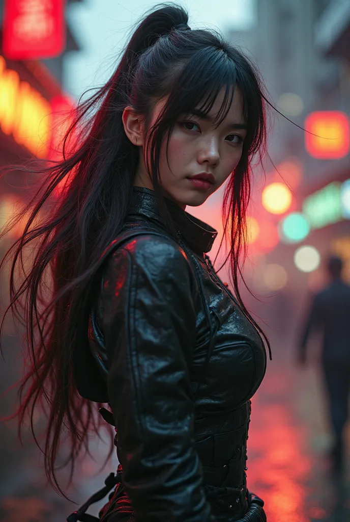 Hyper realistic super detailed Marin Kitagawa cosplay, action scene, movement, rim lighting, background halo, motion blur, Very detailed, (hyper realistic: 1.4), in dynamic pose, long hair, arcane style, cyberpunk street background, beautiful lighting and ...