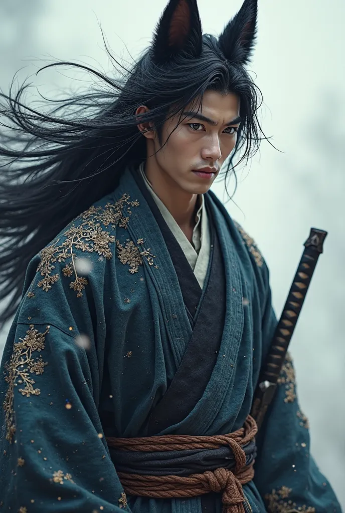  Tall, , a graceful warrior with a mysterious, but with the fascinating look. His long black hair flutters in the wind, symbols, emphasizing his sharp facial features and the cold sparkle of his gray-blue eyes, who hide the wisdom of centuries. Fox ears an...