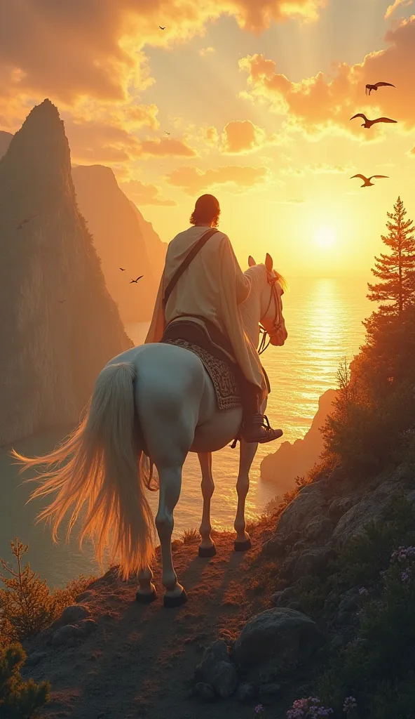 A majestic and inspiring scene of Jesus seen from behind, riding a mighty white horse towards the golden sun on the horizon. He rides along a high and serene mountain, ultra-realistic in detail of the trees, shadows and even the horse's coat, bathed in a h...