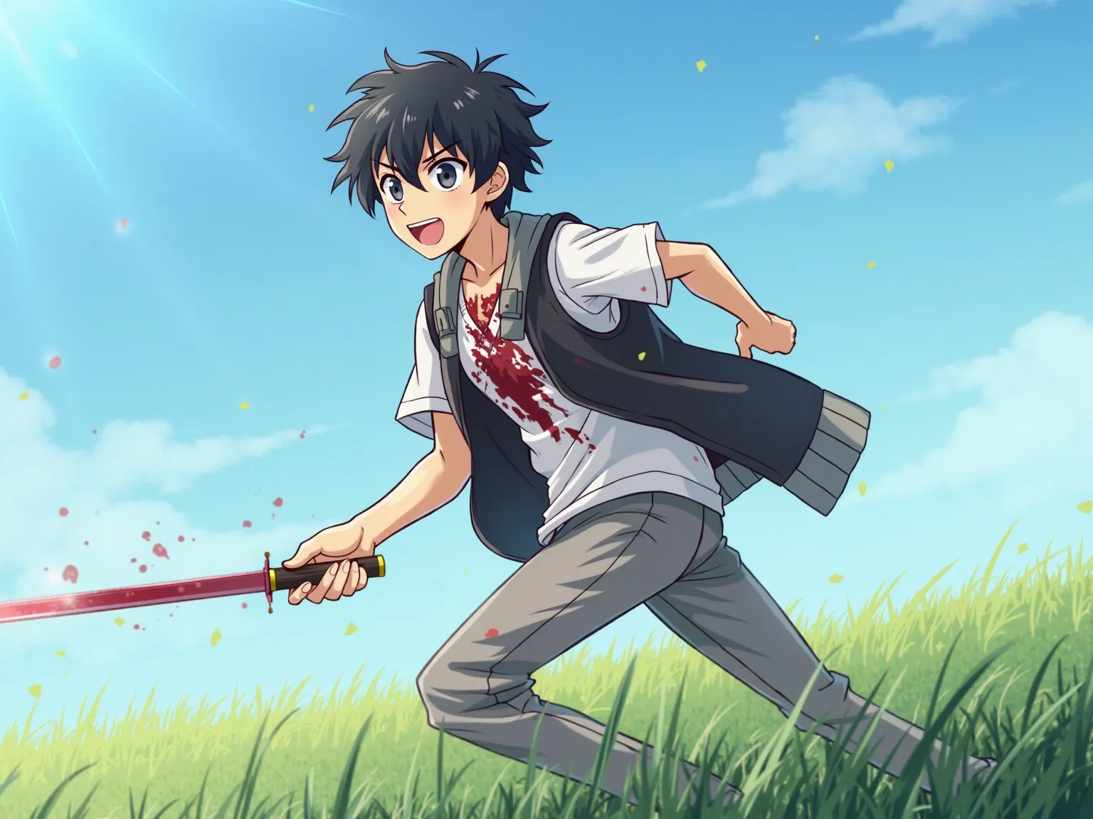 Anime style. Boy 25-30 years old, Black hair. white t-shirt, black, grey unbuttoned sweater. Covered in blood , smiles madly and runs sideways, waving a sword.  side view. A clear day is a blue meadow. full length. the whole body is in the frame. 