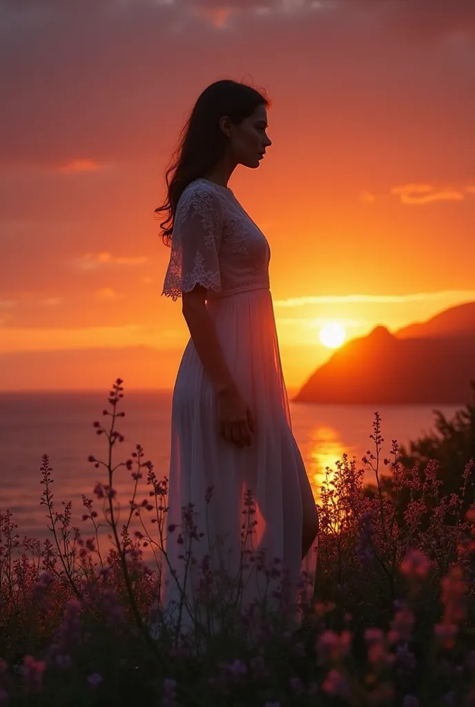 haute qualité, Ultra HD 8K, Une belle double exposition qui combine une silhouette de déesse avec une côte au coucher du soleil, la côte au coucher du soleil servant de toile de fond sous-jacente, avec ses détails intégrés à la déesse, lignes nettes, Le fo...