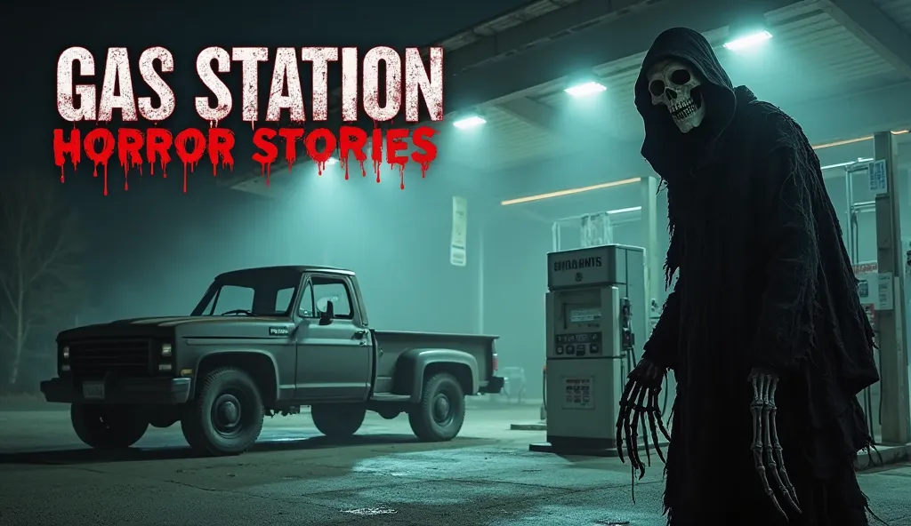 "A dark and eerie gas station at night, dimly lit by overhead lights. A mysterious, old, and rugged pickup truck is parked near a gas pump labeled 'Road Ranger.' The atmosphere is foggy and unsettling. A terrifying skeletal ghoul in a tattered black hooded...