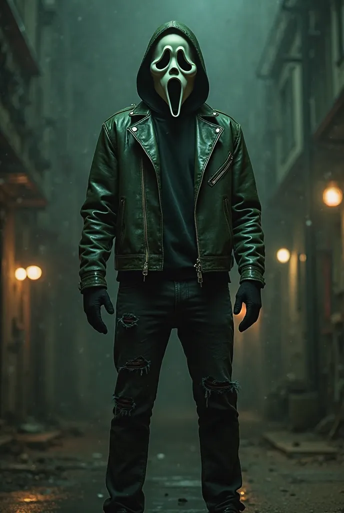 Ghostface from the horror movie scream wearing a green leather jacket black torn jeans black gloves background Hollywood dead celebrity 