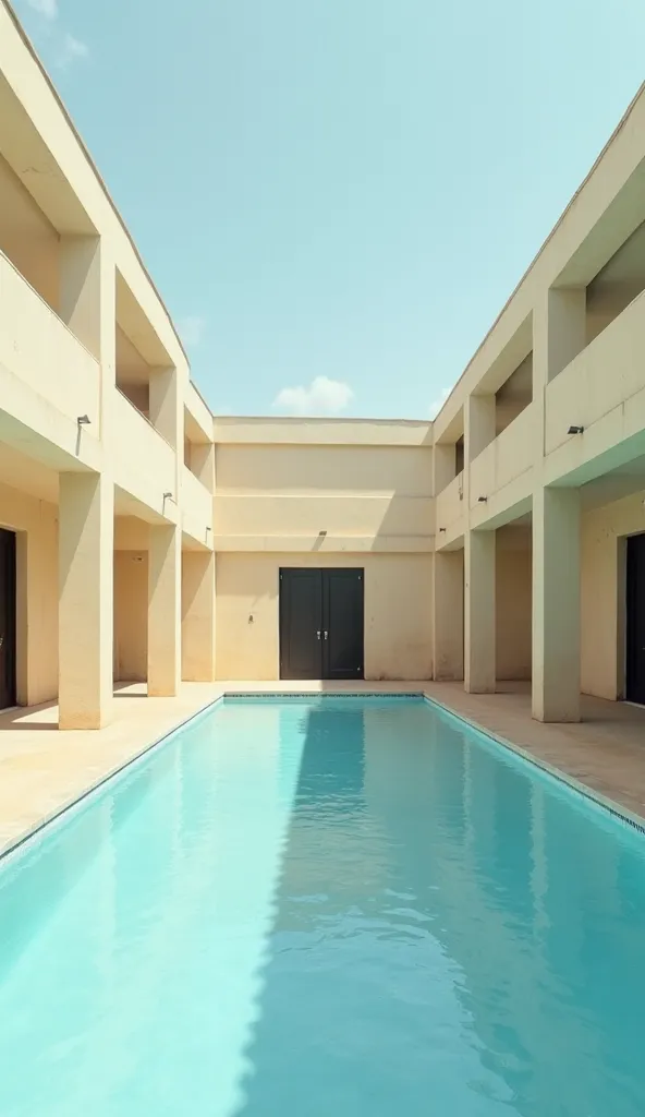 "A minimalist, sunlit outdoor scene featuring an empty swimming pool with faded blue paint, surrounded by a row of beige pillars and dark doorways. The architecture is simple and modernist, evoking a nostalgic, abandoned summer resort. The sky is a soft, p...