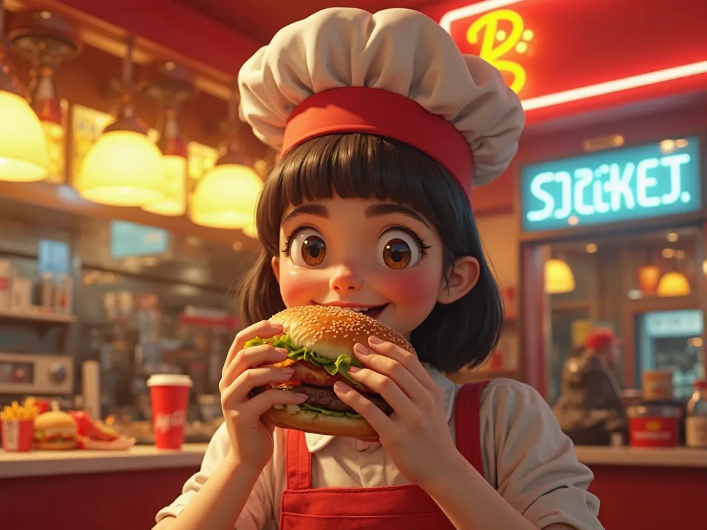 A vibrant and colorful image, with warm tones like red, yellow, and orange, typical of the fast food world. The scene shows a  girl, with white skin and a British appearance, wearing a chef's hat. She is smiling while enjoying a delicious hamburger. The en...