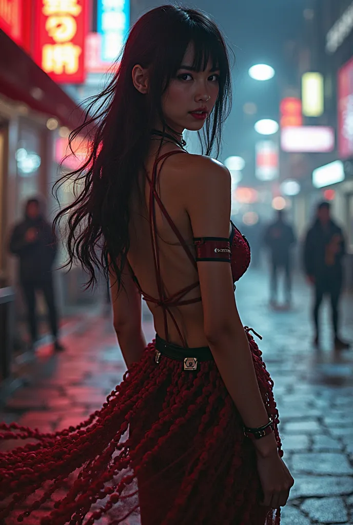 Hyper realistic super detailed Mikasa Ackerman cosplay, sexy outfit, hot, super sexy, rim lighting, background halo, motion blur, Very detailed, (hyper realistic: 1.4), in dynamic pose, long hair, arcane style, cyberpunk street background, beautiful lighti...