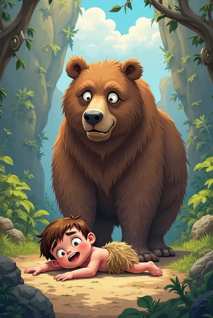  Young cave boy playing dead front of the bear funny cartoon photo 