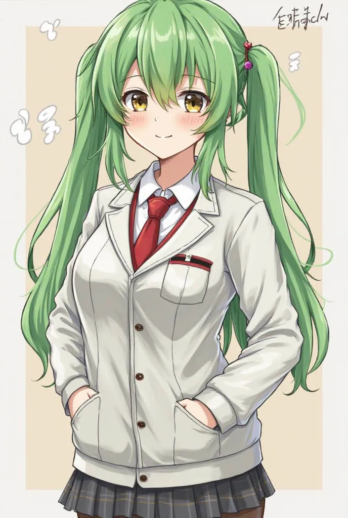 Not suitable green, ahoge,
long sleeves, bracket，jacket, brackettie, red bracket, pocket, red pocket, white jacket,
 interior , Semester, (embracing, blush:1.2),(Steam :0.8),(Wet:0.8),(Sweating:0.8)，On all fours，Show off your butt in front of viewers